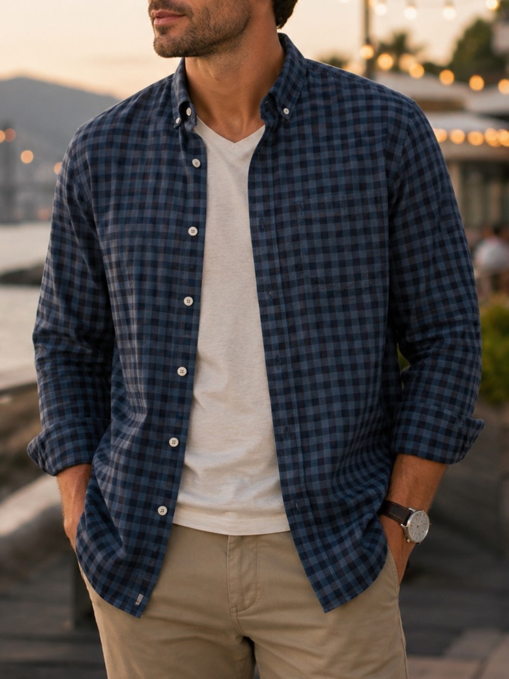 Nautica Plaid Button Down Shirt Large Blue Casual Layering Summer Office Outdoor